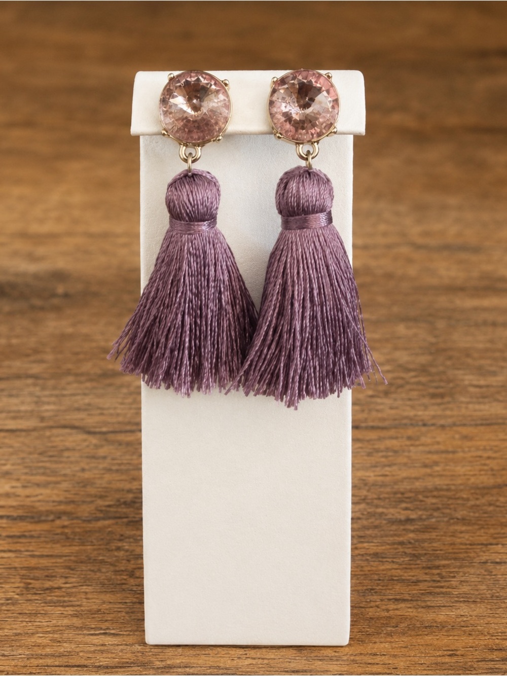 BaubleBar Mauve Tassel Drop Earrings with Blush Crystal Tops